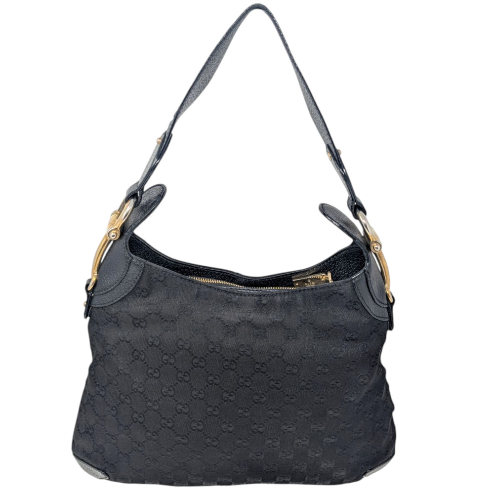 Gucci Creole Hobo Bag Black GG Monogram Canvas Leather Trim Gold Shoulder Tote